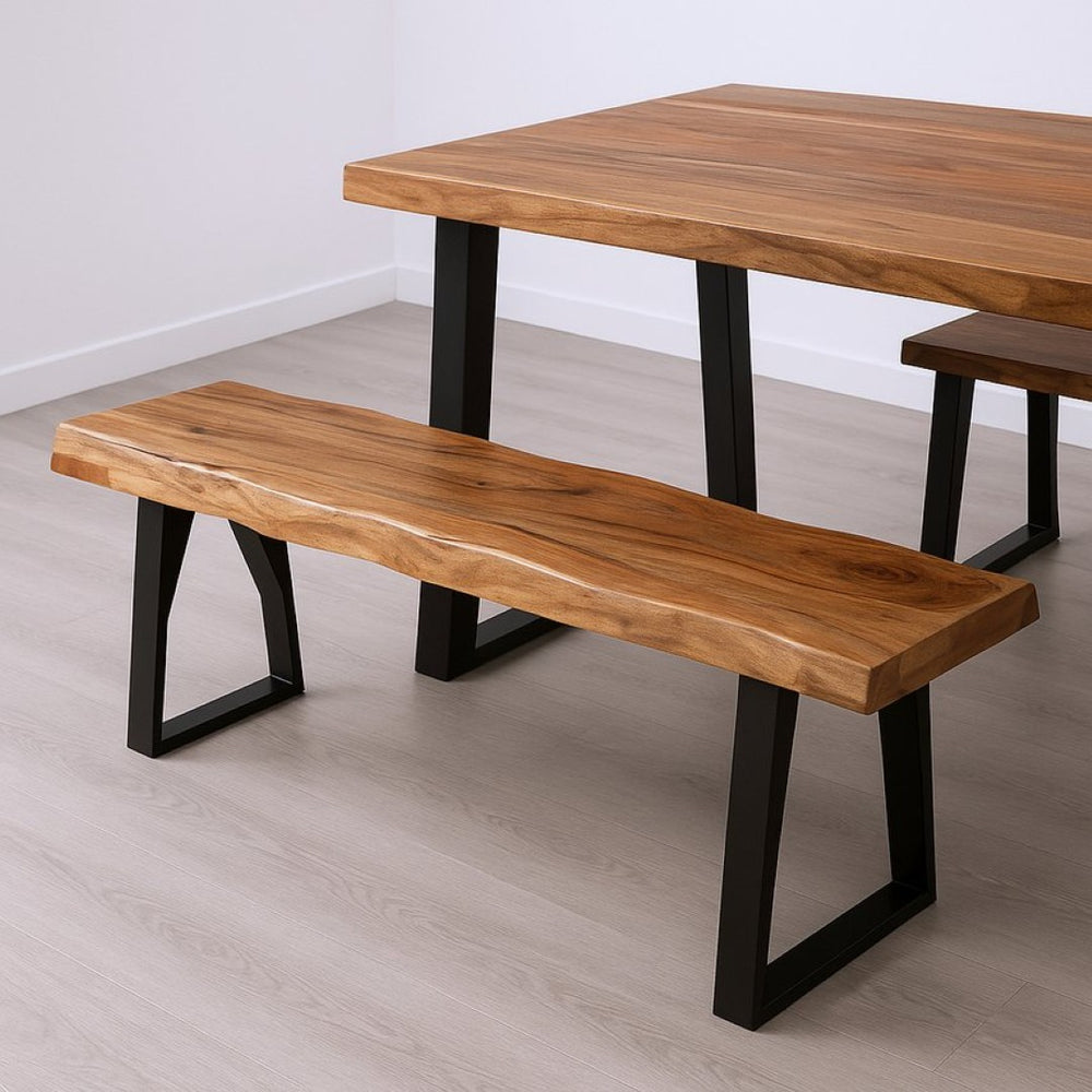 HomeRoots 68" Rustic Live Edge Dining Bench with Solid Wood Top and Black Metal Legs for Stylish Seating 565286