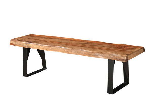 HomeRoots 68" Rustic Live Edge Dining Bench with Solid Wood Top and Black Metal Legs for Stylish Seating 565286