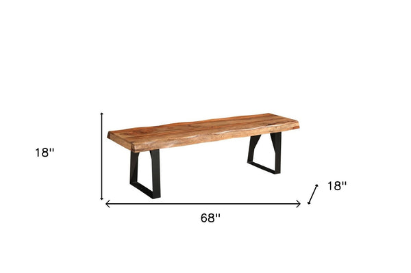 HomeRoots 68" Rustic Live Edge Dining Bench with Solid Wood Top and Black Metal Legs for Stylish Seating 565286