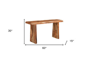 HomeRoots 60" Brown Solid Wood Double Pedestal Console Table - Handcrafted Live Edge Design for Any Space 565299