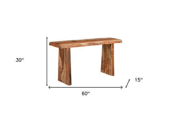 HomeRoots 60" Brown Solid Wood Double Pedestal Console Table - Handcrafted Live Edge Design for Any Space 565299