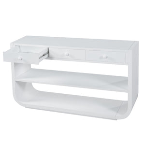 English Elm [video] Sculptural Console Table Pine Wood Curved Legs Soft-close Drawers Open Shelving Entryway White N759P433560K