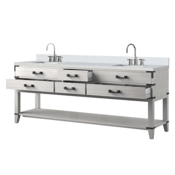 English Elm White Oak Double Bath Vanity 84" W With Quartz Top, Chrome Faucet Set, Soft-Close Drawers & Storage B2731P260404-GIGA