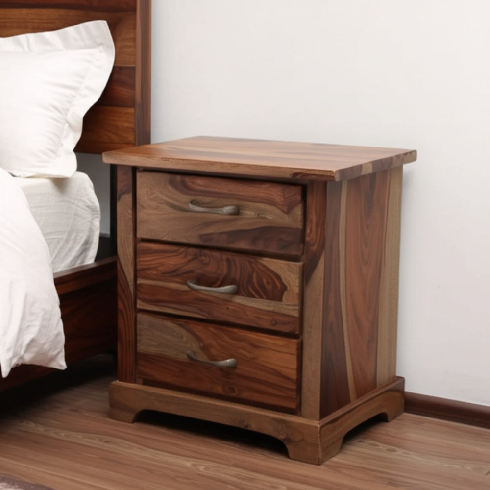 HomeRoots 27" Brown Solid Wood Nightstand with Live Edge Top – Mid-Century Modern Design & 3 Drawers for Storage 565301
