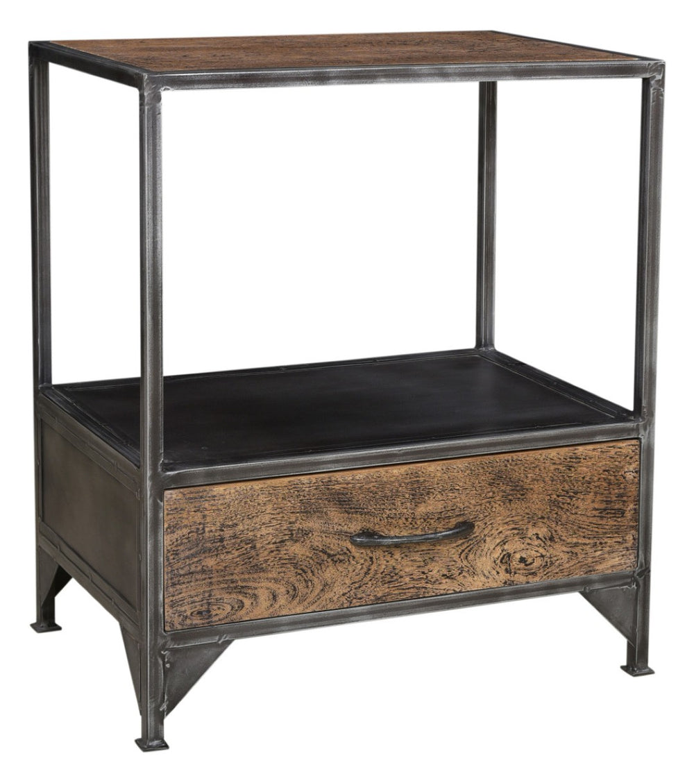 HomeRoots 28" Vintage-Industrial Brown and Gray Distressed Nightstand with Drawer and Open Shelf Storage 565302