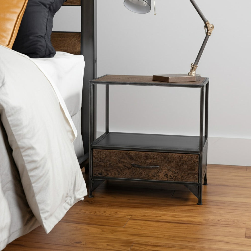 HomeRoots 28" Vintage-Industrial Brown and Gray Distressed Nightstand with Drawer and Open Shelf Storage 565302