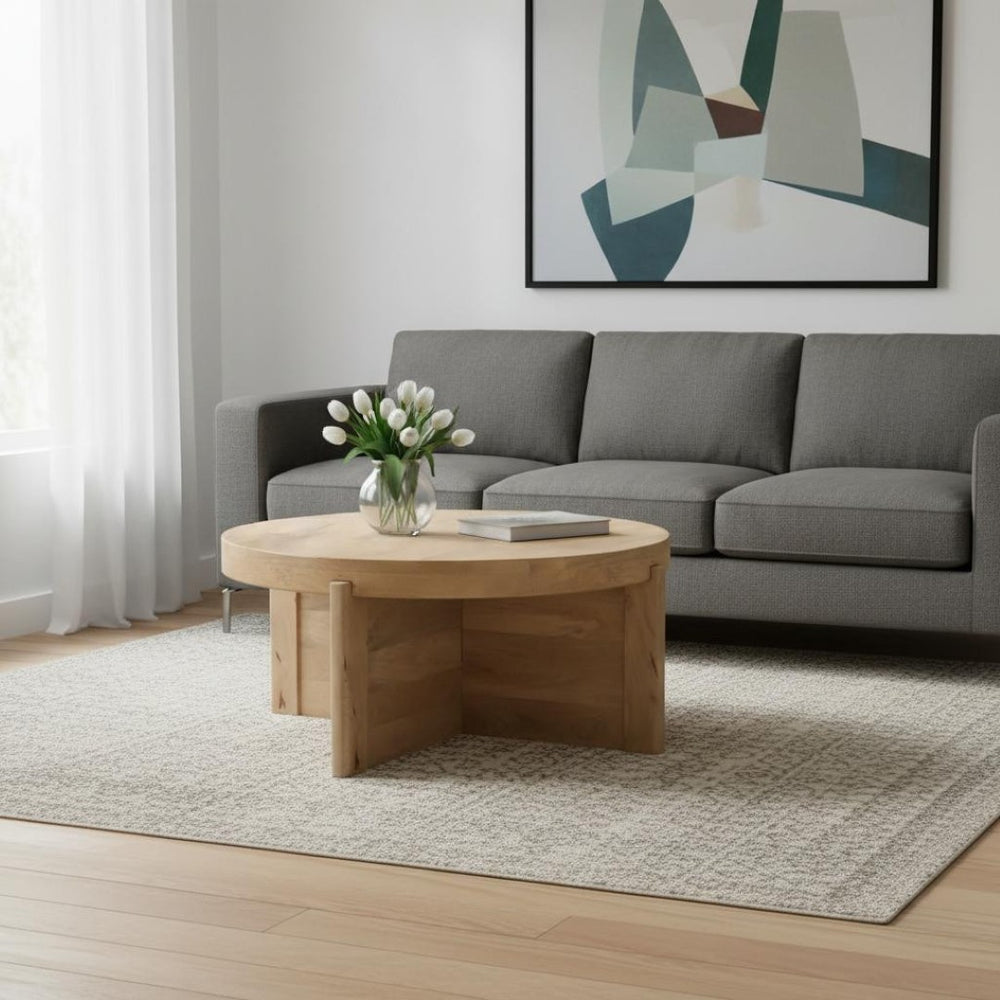 HomeRoots 36" Handcrafted Solid Wood Round Coffee Table with Cross Legs - Unique Rustic Design for Any Space 565304