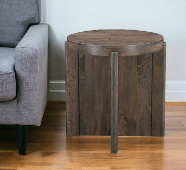 HomeRoots 24" Brown Solid Wood Round End Table - Handcrafted Mango Wood with Rustic Charm for Versatile Use 565310