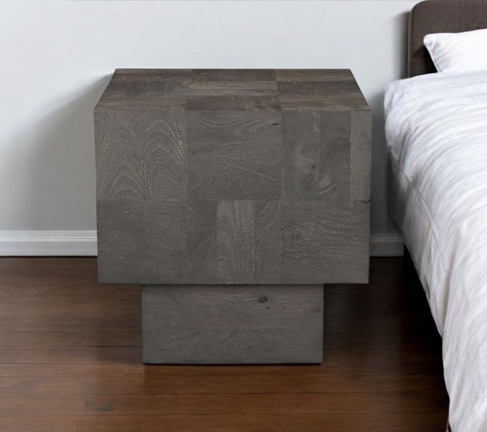 HomeRoots 22" Gray Distressed Solid Wood Square Block End Table - Rustic Charm, Handcrafted Durability, Versatile Use 565311