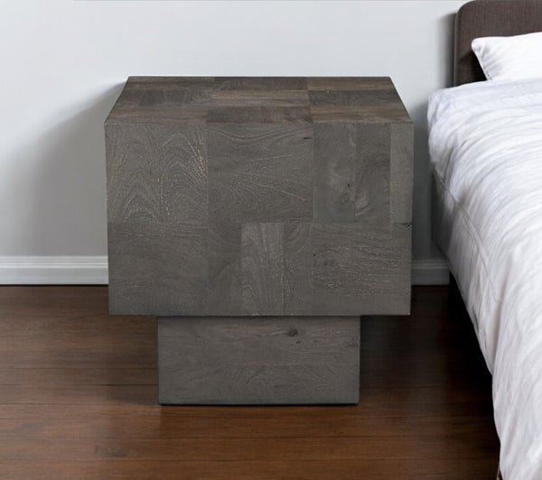Homeroots 22" Gray Distressed Solid Wood Square Block End Table   565311