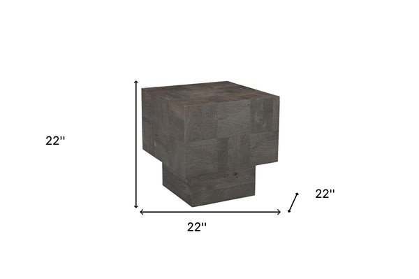 Homeroots 22" Gray Distressed Solid Wood Square Block End Table   565311