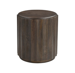 HomeRoots 23" Brown Distressed Solid Wood Round Scalloped Drum End Table - Vintage Charm for Any Room 565312
