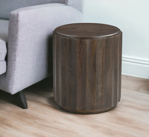 HomeRoots 23" Brown Distressed Solid Wood Round Scalloped Drum End Table - Vintage Charm for Any Room 565312