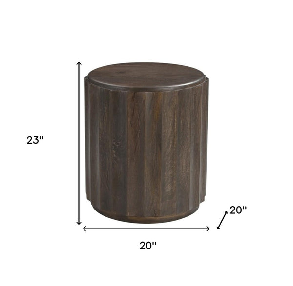HomeRoots 23" Brown Distressed Solid Wood Round Scalloped Drum End Table - Vintage Charm for Any Room 565312