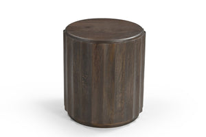 HomeRoots 23" Brown Distressed Solid Wood Round Scalloped Drum End Table - Vintage Charm for Any Room 565312