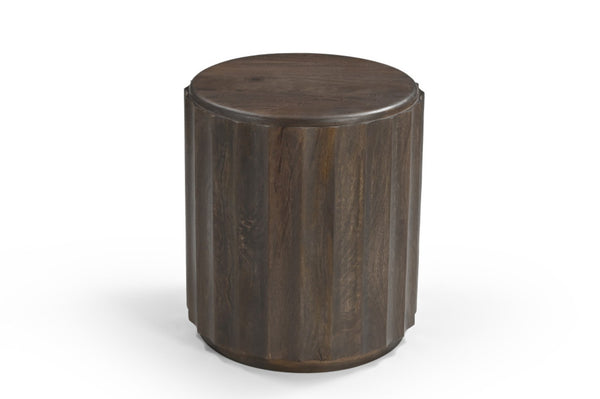 HomeRoots 23" Brown Distressed Solid Wood Round Scalloped Drum End Table - Vintage Charm for Any Room 565312