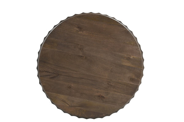 HomeRoots 23" Brown Distressed Solid Wood Round Scalloped Drum End Table - Vintage Charm for Any Room 565312