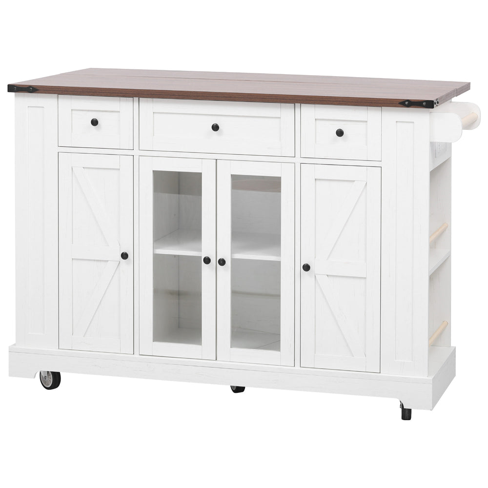 English Elm K&K 53" Farmhouse Kitchen Island with Drop Leaf, Tempered Glass Doors, Power Outlet, Rolling Cart White N707P263637W
