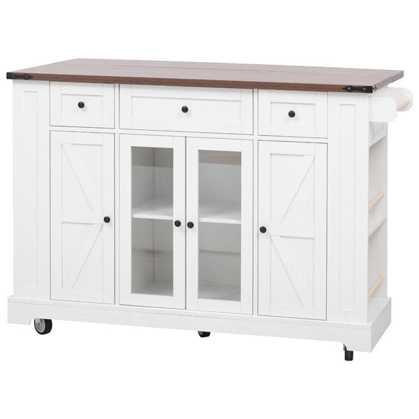 English Elm K&k Farmhouse Rolling Kitchen Island with Drop Leaf Tempered Glass Drawers and Power Outlet White N707S263637W