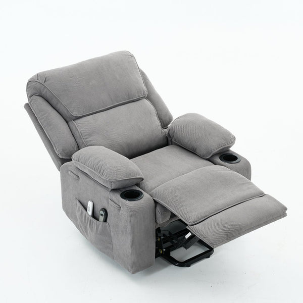 English Elm Gray Corduroy Recliner with Heated Massage, Remote & Assistive Lift, Cup Tray for Seniors Comfort W570P320447