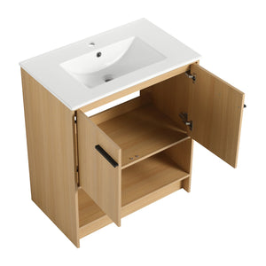 English Elm 30" Bathroom Vanity With Integrated Ceramic Sink, Soft-Close Doors & Open Shelf For Easy Storage W1972S00017