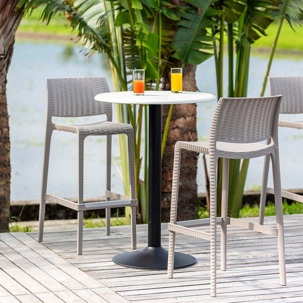 Homeroots Set Of Four 30" Taupe Faux Rattan Heavy Duty Outdoor Bar Chairs For Stylish Gatherings & Relaxation   565347