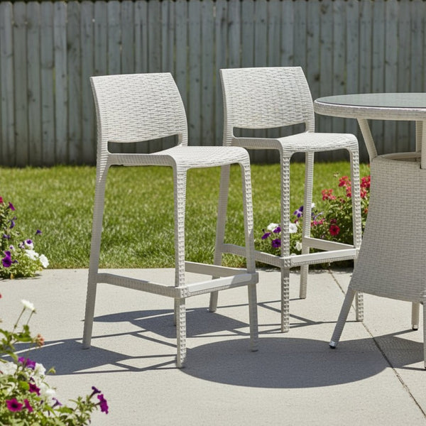 HomeRoots Set of Two Taupe Faux Rattan Outdoor Bar Height Chairs – Stylish, Stackable, Easy-Clean Design! 565347