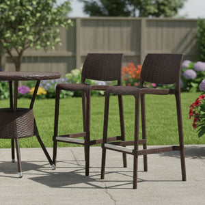 HomeRoots Set of Two Stylish 30" Brown Faux Rattan Bar-Height Chairs for Outdoor Comfort & Elegance 565348