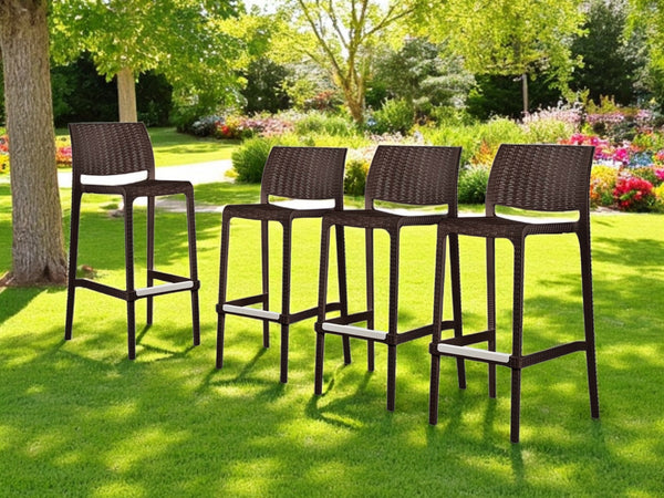 Homeroots Set Of Four 30" Brown Faux Rattan Outdoor Bar Chairs – Stylish, Durable, And Perfect For Gatherings!   565348