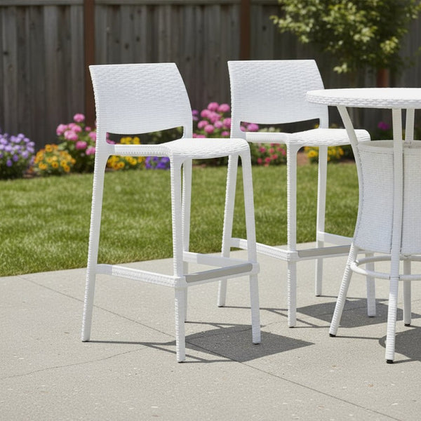 HomeRoots Set of Two Modern White Faux Rattan Low-Back Bar Height Chairs for Outdoor Entertaining Comfort 565349