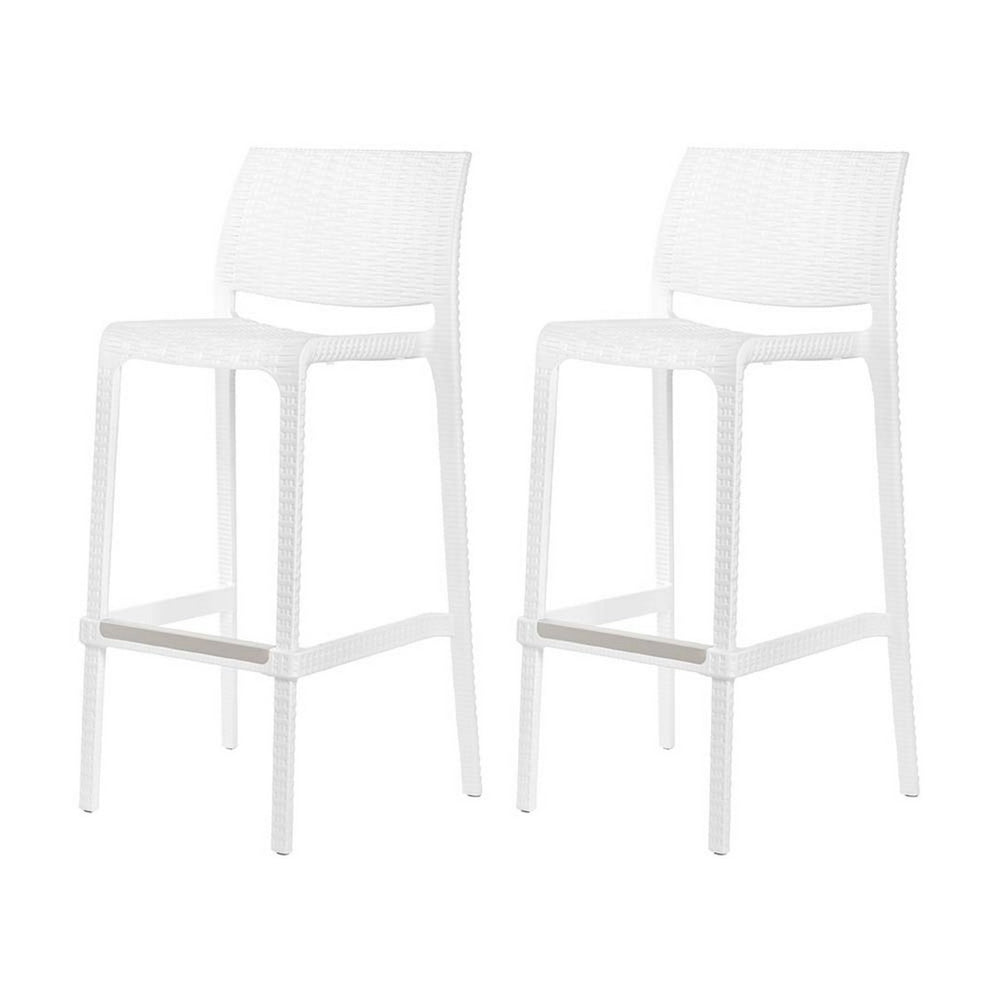HomeRoots Set of Two Modern White Faux Rattan Low-Back Bar Height Chairs for Outdoor Entertaining Comfort 565349