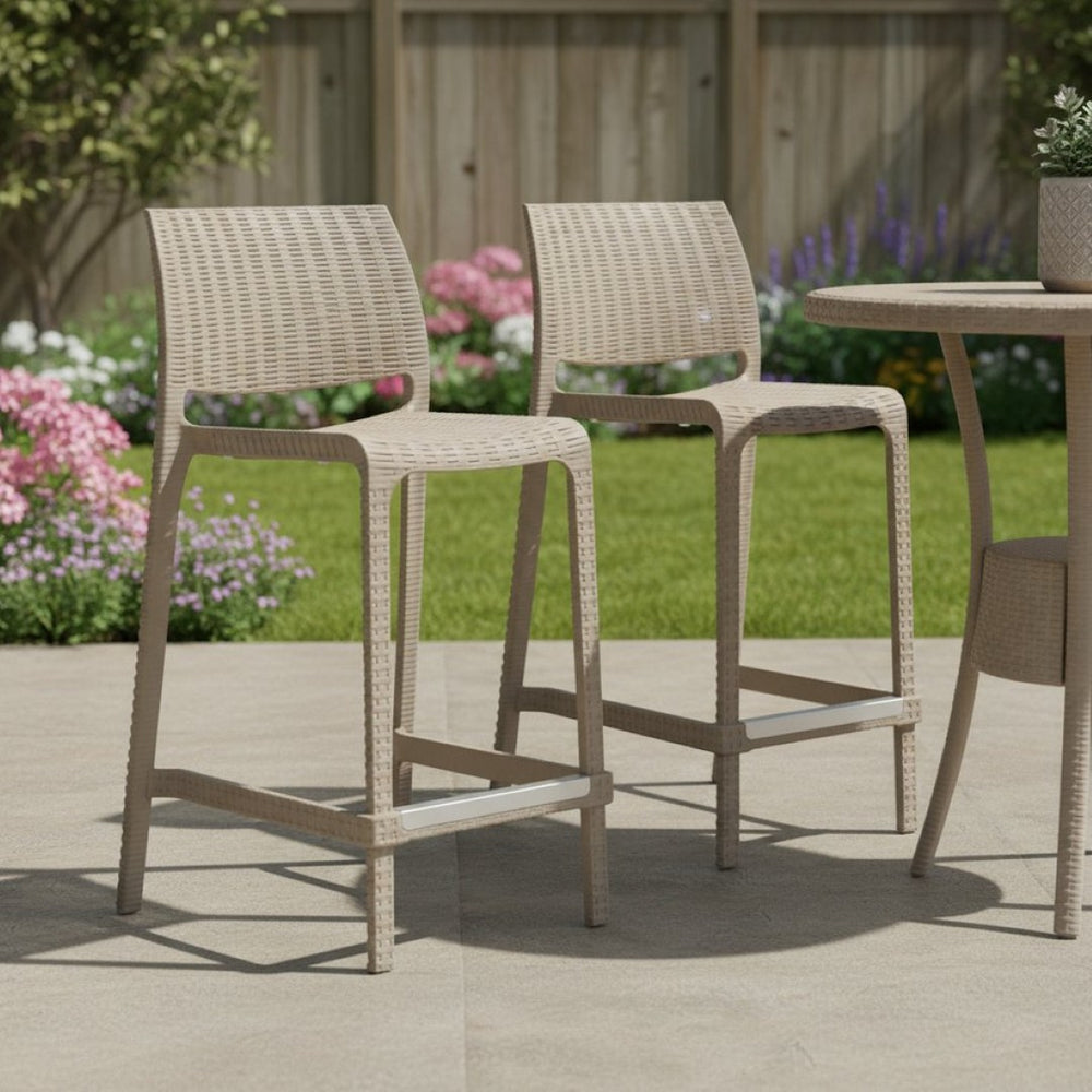 HomeRoots Set of Two Stylish 26" Taupe Faux Rattan Outdoor Counter Height Bar Chairs for Chic Entertaining 565350