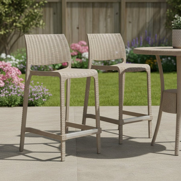 HomeRoots Set of Two Stylish 26" Taupe Faux Rattan Outdoor Counter Height Bar Chairs for Chic Entertaining 565350
