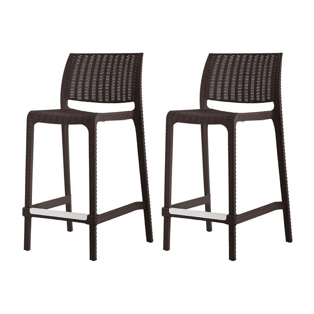 HomeRoots Set of Two Stylish 26" Brown Faux Rattan Outdoor Counter Height Bar Chairs for Modern Spaces 565351
