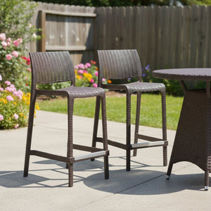 HomeRoots Set of Two Stylish 26" Brown Faux Rattan Outdoor Counter Height Bar Chairs for Modern Spaces 565351