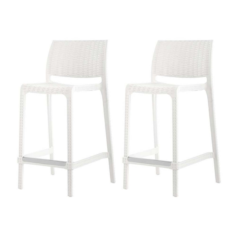 HomeRoots Set of Two Stylish 26" White Faux Rattan Outdoor Bar Chairs for Patio & Poolside Comfort 565352