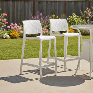 HomeRoots Set of Two Stylish 26" White Faux Rattan Outdoor Bar Chairs for Patio & Poolside Comfort 565352