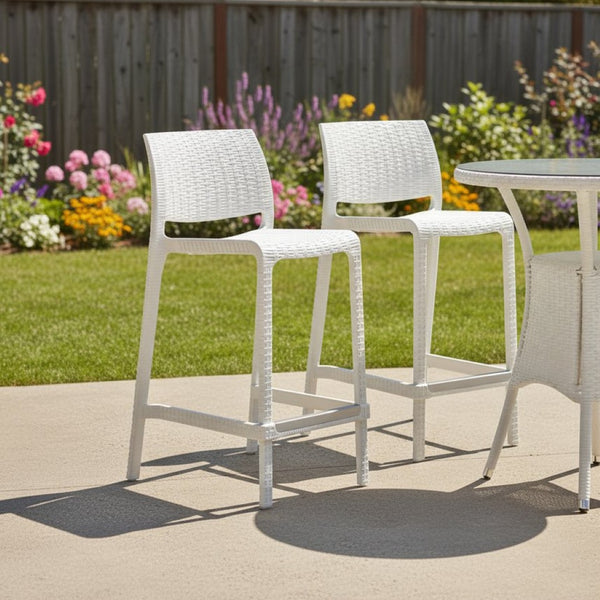 HomeRoots Set of Two Stylish 26" White Faux Rattan Outdoor Bar Chairs for Patio & Poolside Comfort 565352