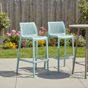 HomeRoots Set of Two Baby Blue Durable Outdoor Bar Height Chairs – Stylish, Stackable Comfort for Entertaining 565353