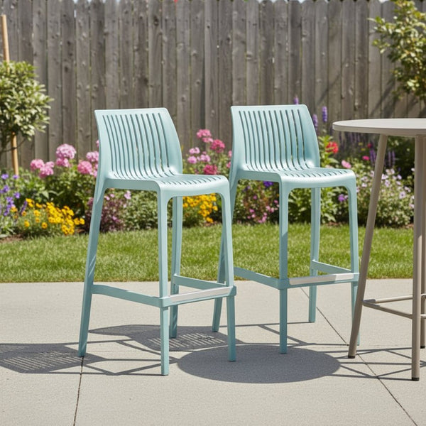 HomeRoots Set of Two Baby Blue Durable Outdoor Bar Height Chairs – Stylish, Stackable Comfort for Entertaining 565353