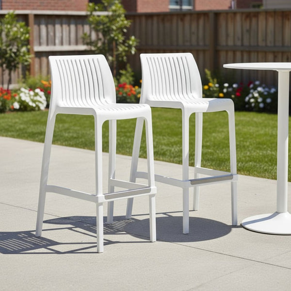 HomeRoots Set of Two 30" White Heavy-Duty Plastic Bar Height Chairs for Stylish Outdoor & Indoor Seating 565354