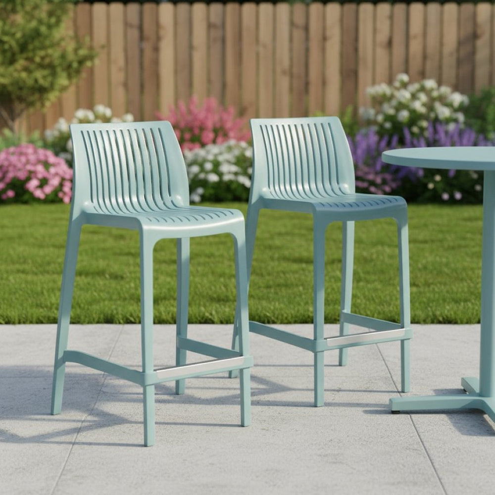 HomeRoots Set of Two Baby Blue Outdoor Bar Chairs - Heavy Duty Plastic, Low Back, Stylish & Durable Design 565356
