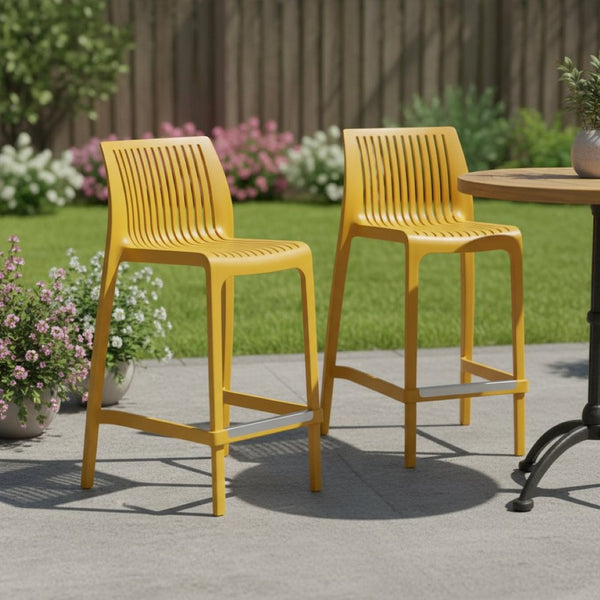 HomeRoots Set of Two 26" Yellow Heavy-Duty Outdoor Bar Chairs – Stylish, Stackable & Comfortable Seating Solution 565358