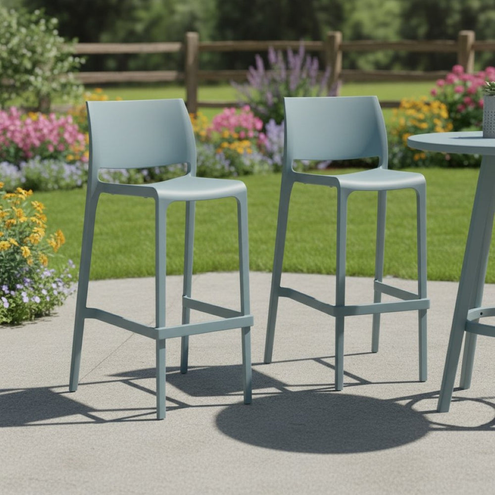 HomeRoots Set of Two Baby Blue Outdoor Bar Height Chairs for Stylish Deck, Patio, and Poolside Comfort 565359