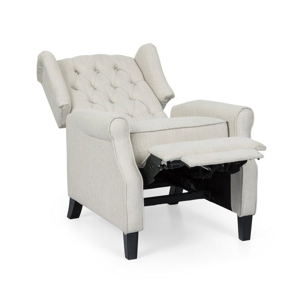 English Elm Christopher Knight Home® - Pushback Tufted Recliner Chair in Beige Fabric with Wingback Design, Birch Legs, Contemporary Comfort and Style 68629.00
