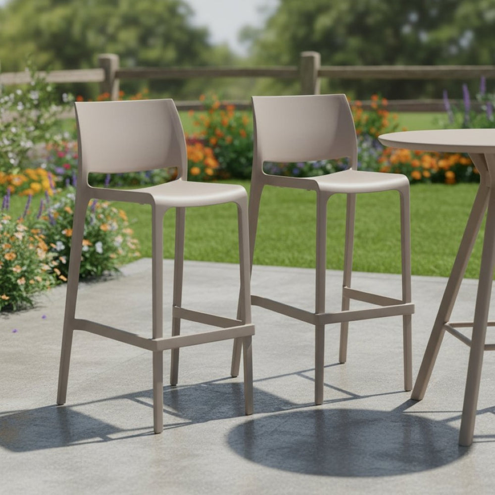 HomeRoots Set of Two Taupe Heavy-Duty Plastic Bar Height Chairs for Stylish Outdoor Entertaining & Comfort 565360