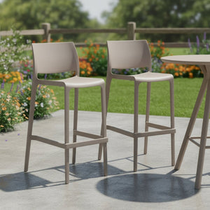 HomeRoots Set of Two Taupe Heavy-Duty Plastic Bar Height Chairs for Stylish Outdoor Entertaining & Comfort 565360