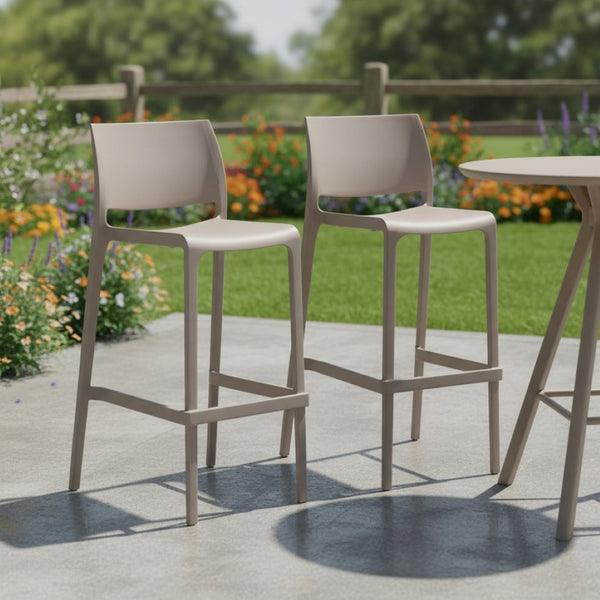 HomeRoots Set of Two Taupe Heavy-Duty Plastic Bar Height Chairs for Stylish Outdoor Entertaining & Comfort 565360
