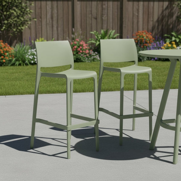 HomeRoots Set of Two Vibrant Green Heavy-Duty Plastic Bar Height Chairs for Stylish Outdoor Comfort 565362