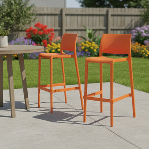 HomeRoots Set of Two 30" Orange Heavy-Duty Outdoor Bar Height Chairs for Stylish Comfort and Durability 565364